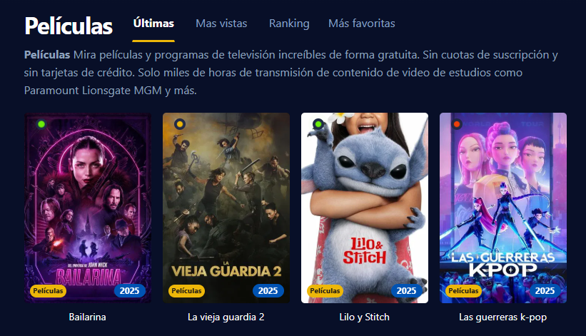 Captura de pantalla de la interfaz de usuario de Cinehdplus, mostrando películas y series en alta definición.
